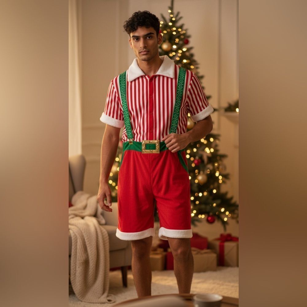 NWT. Blizzard. Bay Men’s Short Sleeve Festive  Suspender Santa Red Romper Size M